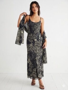 Serendipity Maui Maxi Dress with Matching Scarf, Beaded Animal Print, Size L Y2K
